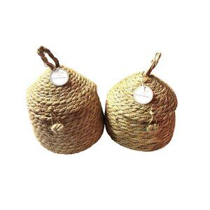 Woven Beehive Basket With Lid Set Of 2 Handmade Natural Grass Storage Containers